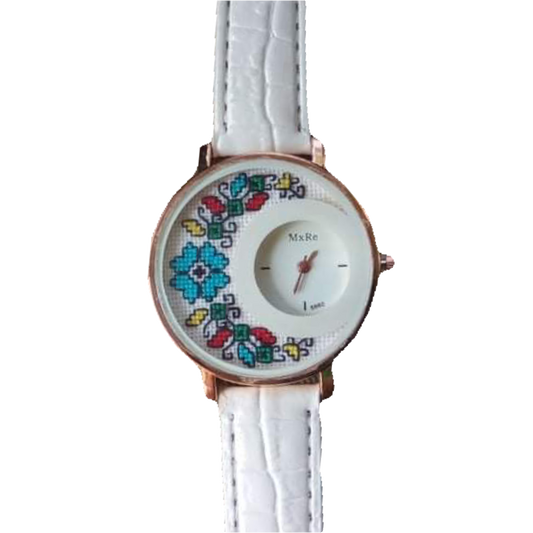 Дамски ръчен часовник с бродерия "Цвете" - синьо