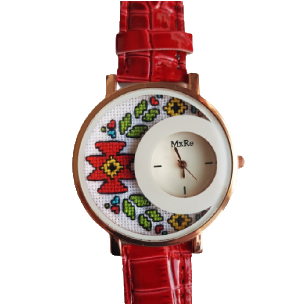 Дамски ръчен часовник с бродерия "Китна" с червена шевица